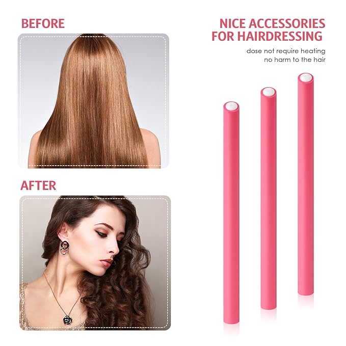 Syhood 30 Pieces Flexible Curling Rods Twist Hair Rollers Soft Foam Rods No Heat and 1 Pcs Steel Rat Tail Comb for Women Long and Short Hair(7 x 0.3 Inch,Pink)