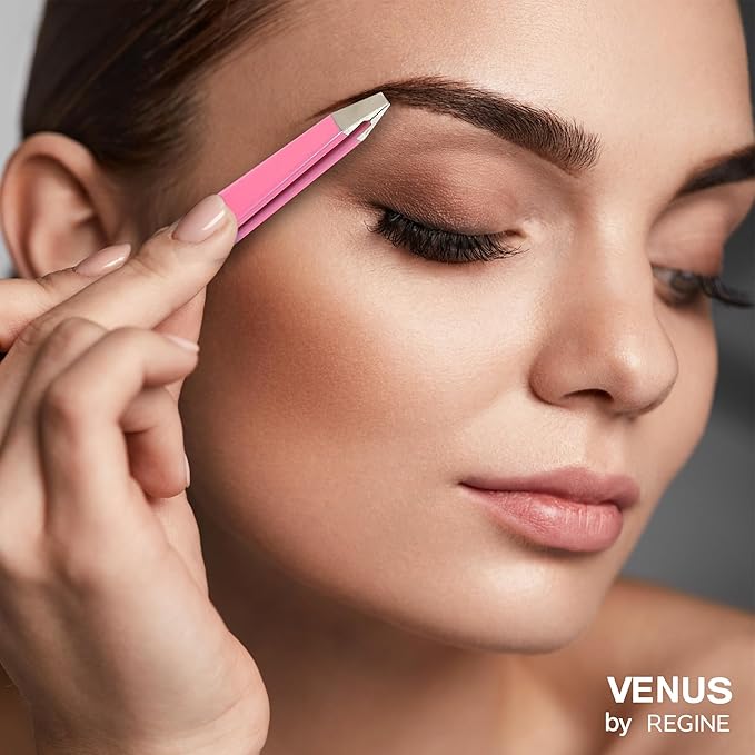 Venus by Regine Slant Tweezers - Handmade Precision Tool for Women & Men, 25-Degree Angle for Shaping Eyebrows & Grooming Facial Contours, Suitable for Eyebrow & Facial Hair Removal (Pink)