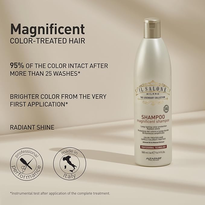 Il Salone Milano Professional Magnificent Shampoo - Color Safe Shampoo for Processed and Color Treated Hair - Enriched with Almond Oil for Radiant Shine - Salon-Quality Hair Care (16.9 oz / 500 ml)