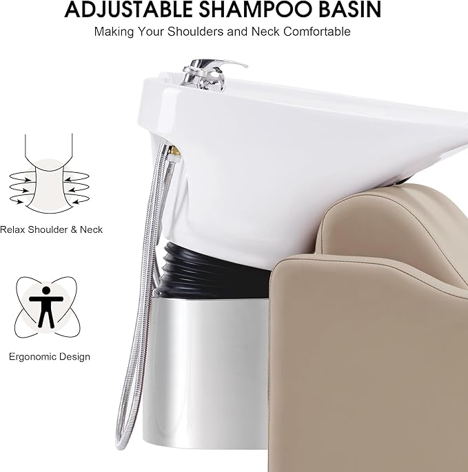 BarberPub Backwash Shampoo Station Chair, Adjustable Porcelain Ceramic Hair Wash Bowl with Chair, Shampoo Station for Barber Shop, Spa Beauty Salon Equipment 9364 (Creamy White)