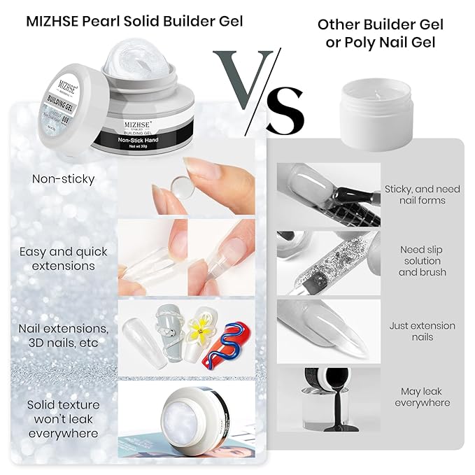 MIZHSE Solid Builder Gel for Nails Kit: 2PCS 30g 3D Pearl White & Clear Hard Gel for Nailswith Nail Forms 3D Silicone Mold Soak off U V LED Builder Gels for Extension Home Manicure