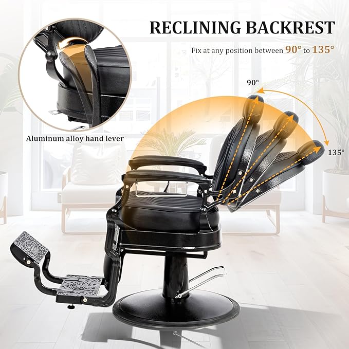 OmySalon Retro Barber Chair Heavy Duty, Aluminum Alloy Frame, Adjustable Headrest, Extra Wide Footrest, Hydraulic Salon Chair for Hair Stylist Reclining All Purpose for Beauty Spa Shampoo, All Black
