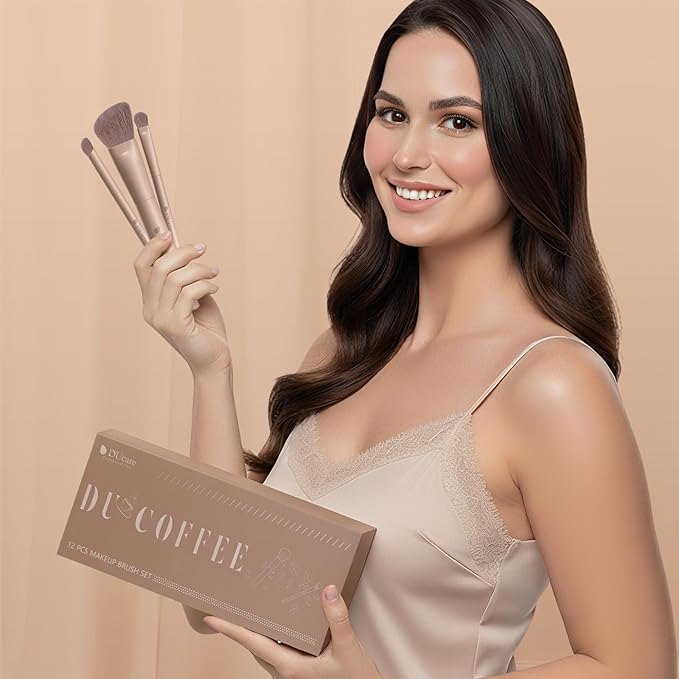 DUcare Christmas Makeup Brushes Set 12Pcs Coffee Series Makeup Brush set with Makeup Sponges Foundation Blending Face Powder Blush Eye Shadows Brushes