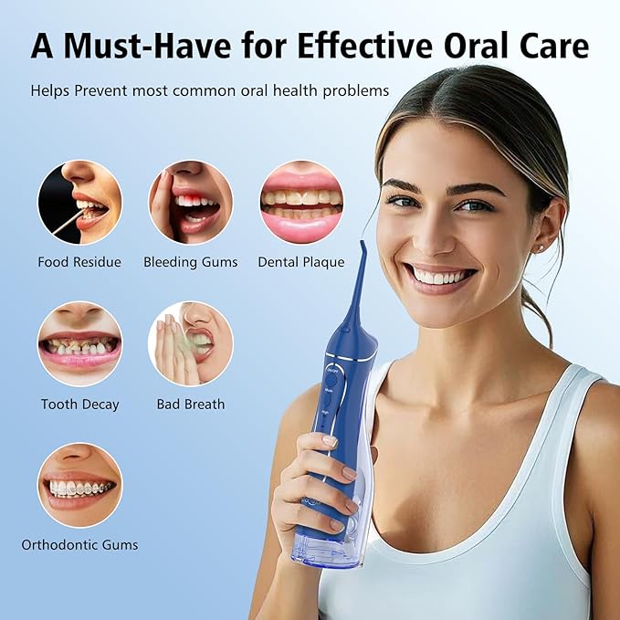 Leominor Water Dental Flosser Pick for Teeth, 300ML Portable Oral Irrigator Upgraded Tank Removable,IPX7 Waterproof, Rechargeable Travel Teeth Cleaner, Professional Electric Flossing(Dark Blue)