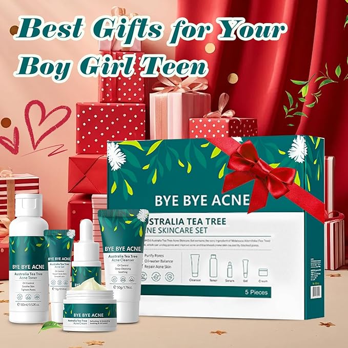Skin Care Set,Acne Treatment for Face Skin Care Sets & Kits,Tea Tree Essential Oil Facial Skincare Gift Set with Cleanser,Toner,Serum,Gel, Acne Treatment Kit Cream Skin Care for Teens 10-12 Girls Boys