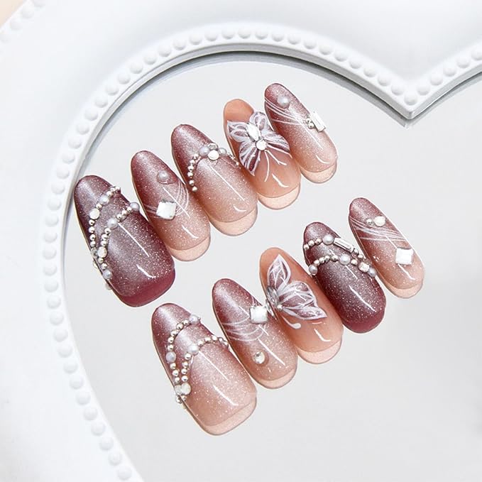 30pcs Summer Press on Nails Medium Almond Fake Nails with 3D Butterfly Pearl Rhinestones Designs Glitter Stick on Nails Kit Line False Nails Full Cover Glue on Nails for Women Nail Decoration