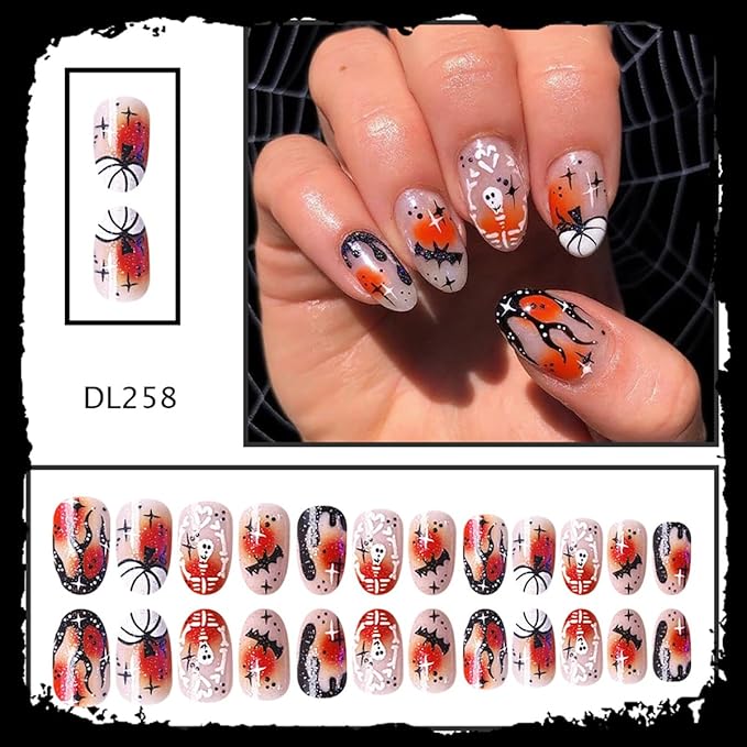 24Pcs Halloween Press on Nails Short Oval False Nail with Hand Heart Skeleton Designs Halloween Fake Nails Black Flame French Tip Nail Pumpkin Bat Glue on Nails for Women DIY Manicure Salon