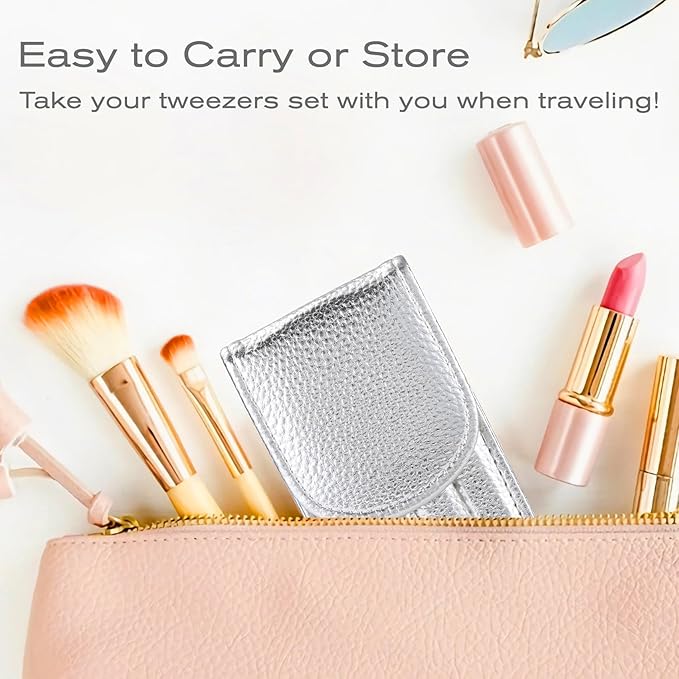 4-Pcs Glitter Stainless Steel Precision Tweezer Set for Eyebrows, Ingrown Hair & Lash Extensions (Bright Silver)