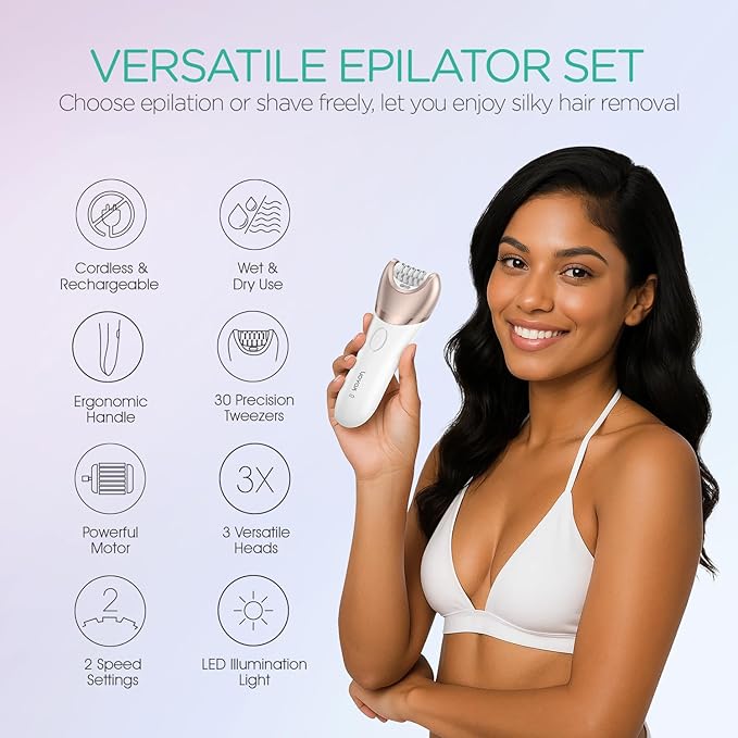 VOYOR Epilator for Women, 3 in 1 Epilator Hair Removal for Women, Epilators Hair Remover for Leg Arm with 30 Tweezers, Rechargeable & Cordless Electric Lady Shaver & Trimmer BM300 (Champagne Gold)