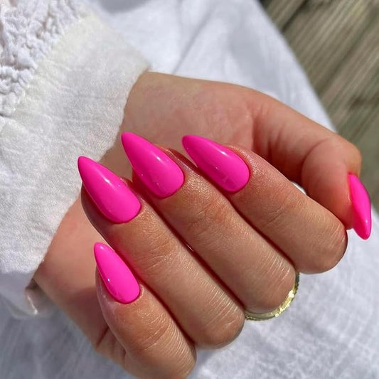 48Pcs Hot Pink Press on Nails Almond Fake Nails Glue on Medium Length Almond Shaped Nails Press ons, Stiletto False Nail for Women Neon Pink Medium, Thick Natural Acrylic Gel Nail