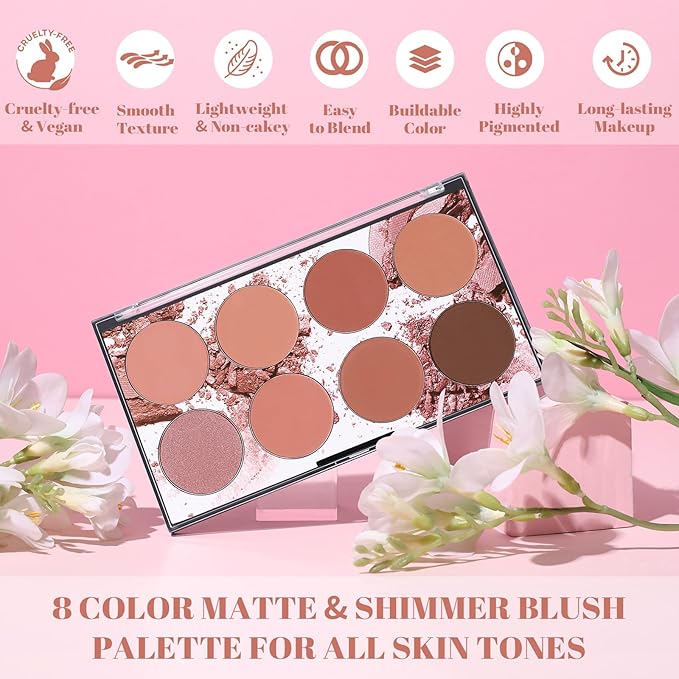 8 Color Blush Palette for Cheeks - Natural Look Smooth Face Blusher - Long-lasting Women Cheek Makeup Powder - Buildable Color Makeup Blushes Powder for All Skin Types(SET3)