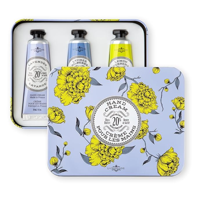 La Chatelaine French Hand Cream Trio Tin, Holiday Gift Set, Hand Lotion for Women, Made in France with 20% Organic Shea Butter (Lavender, Lychee Bilberry & Lemon Verbena or Citrus Fizz) 3 x 1 fl oz