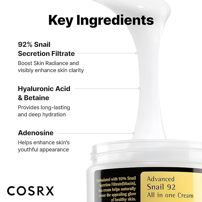 COSRX Snail Mucin 92% Face Moisturizer, 3.52 Oz, Lightweight Moisturing Cream for Soft, Glowy Skin, Korean Skin Care, Korean Moisturizer Face Cream, Stocking Stuffers for Women