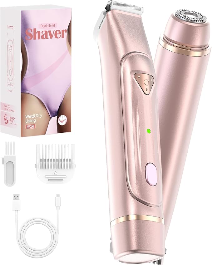 Electric Bikini Trimmer for Women - Dermave Bikini Shaver, Waterproof Dual Head Shaver (Pink)