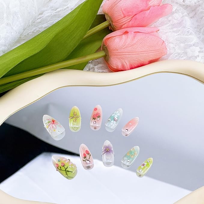 30pcs Flower Press on Nails Medium Almond Fake Nails with 3D Flower Strawberry Designs Handmade False Nails Gold Beads Bow Star Rhinestones Stick on Nails Floral Full Cover Glue on Nails for Women