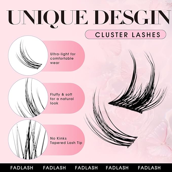 FADLASH Cluster Lashes Fluffy DIY Lash Extensions 2 Pairs Cat Eyed Individual Eyelash Clusters Wispy Sweetheart Curly Cluster Eyelash Extensions Reusable（WJ26+S1-TP03)