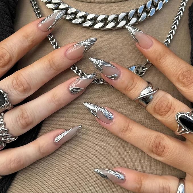 Silver Press on Nails Medium Almond Fake Nails 3D Line Stiletto False Nails with French Tip Acrylic Nails Silver Chrome Artificial Nails for Women Girls Manicure Art Decoration 24Pcs