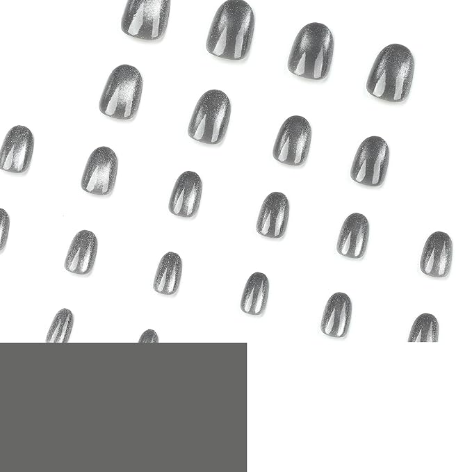 Metallic Silver Press-On Nails – 24 Oval Cat Eye Nails, 12 Sizes, Shiny Chrome Effect, Long-Lasting & Easy DIY Manicure Kit