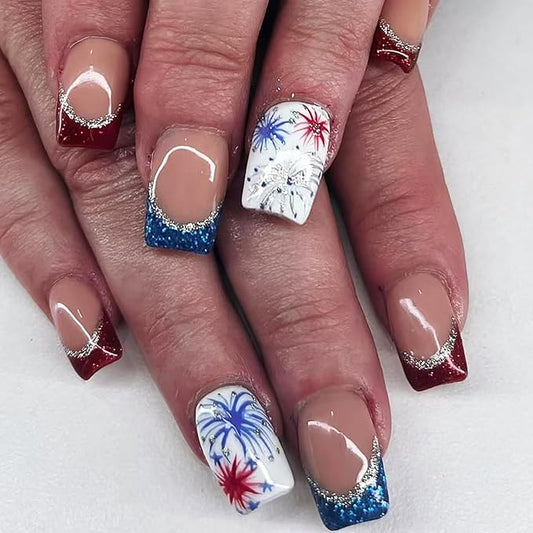 24Pcs Independence Day Press on Nails Medium French Tip Fake Nails Glitter Firework Full Cover Square Glue on Nails 4th of July Acrylic Nails Patriotic False Nails French Artificial Stick on Nails