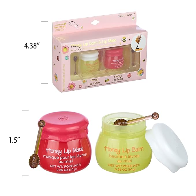 2pc Honey Lip Balm & Lip Mask Set -Simply Sweet Real Honey Jar w/Dipper Applicator Sticks | Safe and Non-Toxic Lip Gloss Gift Set For Girls