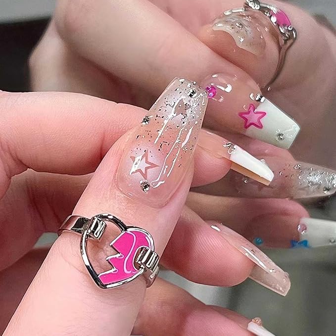 Hkanlre Long Fake Nails French Press on Silver Nails Ballerina Tips Full Cover Shiny Coffin False Nails for Women and Girls 24PCS