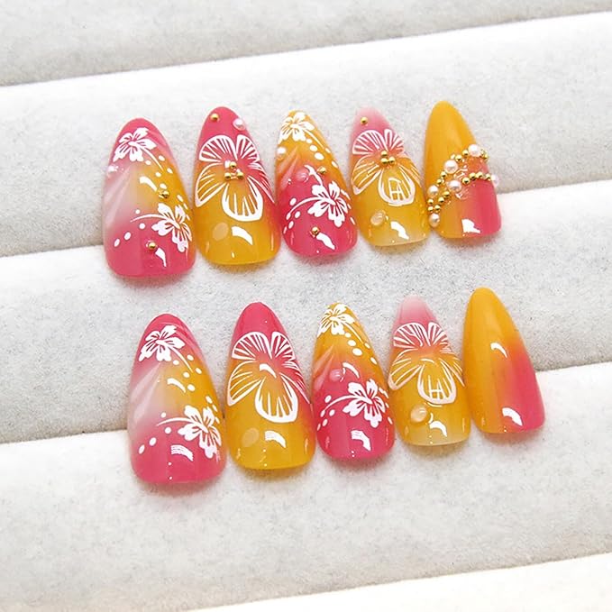 24Pcs Flower Press on Nails Medium Almond Fake Nails 3D Floral with Gold Pearl Rhinestones Glitter Glossy Design Orange Full Cover Stick on Nails Spring Summer False Nails for Women Acrylic Nails