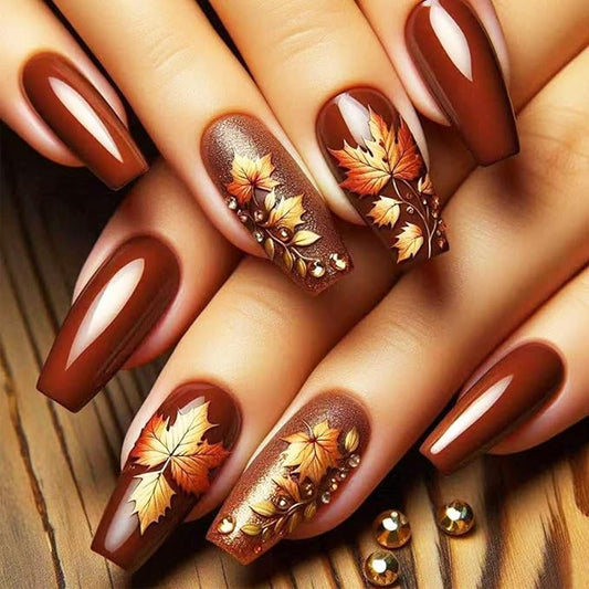 3D Maple Leaf Press on Nails 24Pcs Fall Leaves Stick on Fingernails Thanksgiving Medium Square False Nails Glossy Brown Acrylic Fake Nail Autumn Rhinestones Gel Glue on Nail for Coquette Women Girls