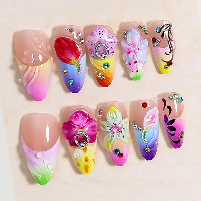 24Pcs 3D Flower Press on Nails Medium Almond Fake Nails French Tip False Nails with Silver Pearl Rhinestones Gilding Design Colorful Summer Stick on Nails Full Cover Artificial Glue on Nails for Women