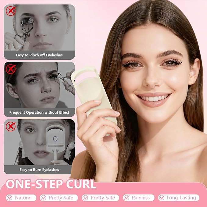 Heated Eyelash Curler, Electric Eyelash Curler with 2-Temp Modes & Type-C Charging, 8s Fast Heat 3s Style 24H Lift for Long-Lasting Natural Effortless Curls, Mini Heated Lash Curler for Women(Beige)
