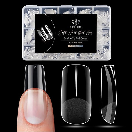 Modelones Medium Square Nail Tips - 510Pcs Fake Nails Gel Tips Pre-shaped Half Matte Full Cover Acrylic Gel Kit Press on Manicure Extension Art DIY Salon 15 Sizes