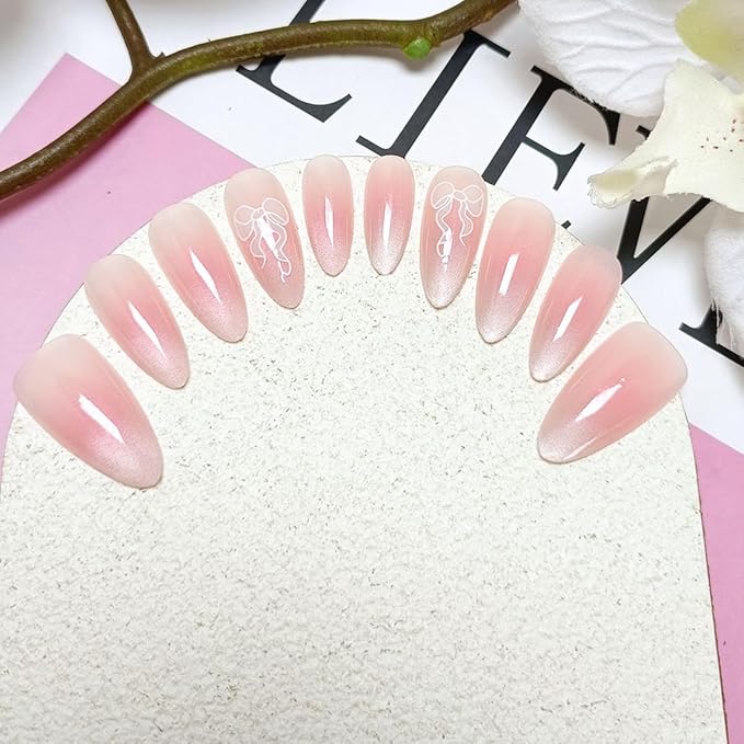 20Pcs Cute Bow Press On Nails Almond Shaped French Tip Fake Nail Nude Pink Glue on Nails White Bows Design Medium Full Cover False Nail Cute Acrylic Nails for Women Daily Wear