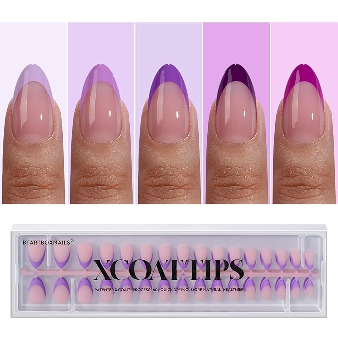 BTArtboxnails XCOATTIPS Purple French Tip Press On Nails - Short Press On Nails Almond, Soft Gel Nail Tips, 160Pcs Soak Off Acrylic Pink Fake Nail Extension in 16 Sizes