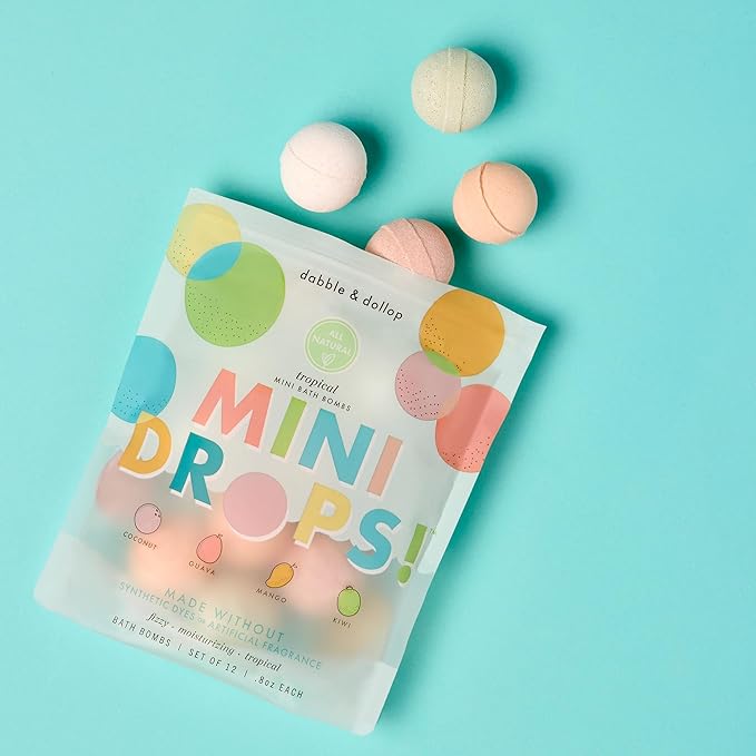 Dabble & Dollop Mini Bath Bombs, 100% Natural Droplets for Kids, Tropical Scents - Resealable Pouches, Fizzy, Moisturizing & Fun, Vegan, Gluten-Free, Cruelty-Free (Set of 24)