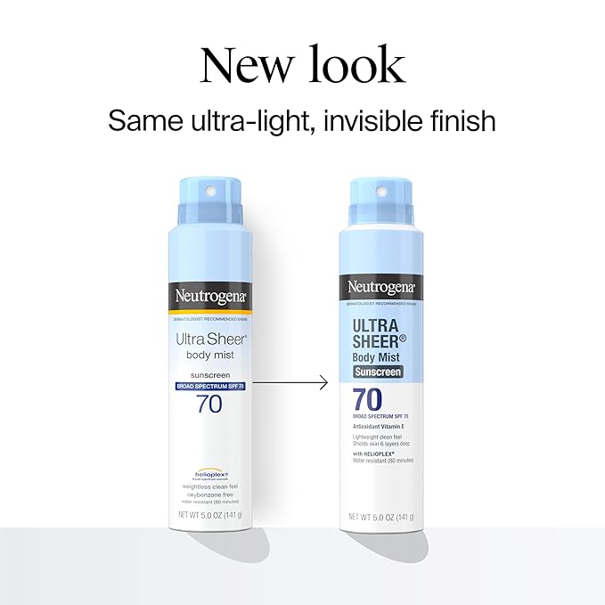 Neutrogena Ultra Sheer Body Mist Sunscreen Spray, Broad Spectrum SPF 70, Lightweight Spray Sunscreen, Non-Greasy & Water Resistant, Oil-Free & Non-Comedogenic UVA/UVB, 5 oz, Pack of 3