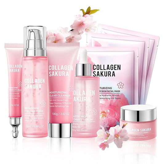 8PCS Sakura Skin Care Set,Moisturizing Skincare Kit with Face Cleanser,Facial Cream,Toner,Facial Serum,Face Masks and Eye Cream,Refreshing Hydrating Skin Care Gift Set for Women