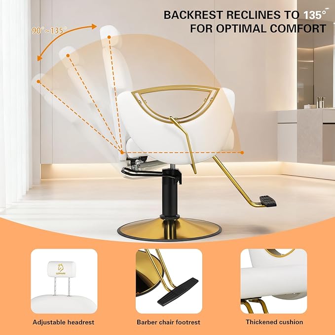 Hydraulic Barber Chair, Salon Chairs 360 Degrees Rolling Swivel Hair Styling Chair, Adjustable Height Hair Stylist Tattoo Salon Beauty Spa Chair Styling Equipment - White