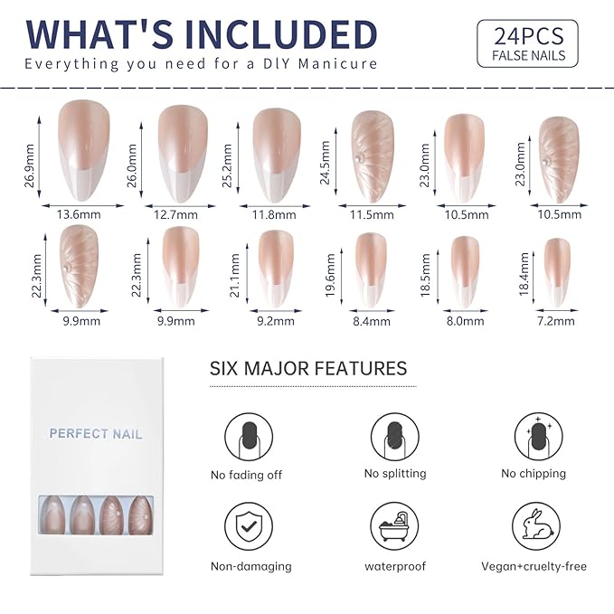 3D Pearl French Press On Nails Almond Medium Nude Pink & White Acrylic Fake Nails with Sculpted Design, Reusable Stick On Nails for Women, 24PCS with Glue and Full Manicure Kit
