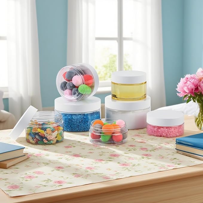 24 Pack 4 Oz Plastic Containers with white Lids, Clear Empty BPA Free and Refillable Cosmetic Jars Travel Containers for Creams, Lotion, Bath Salts, Sugar Scrub, Slime, Lip Scrub, Makeup