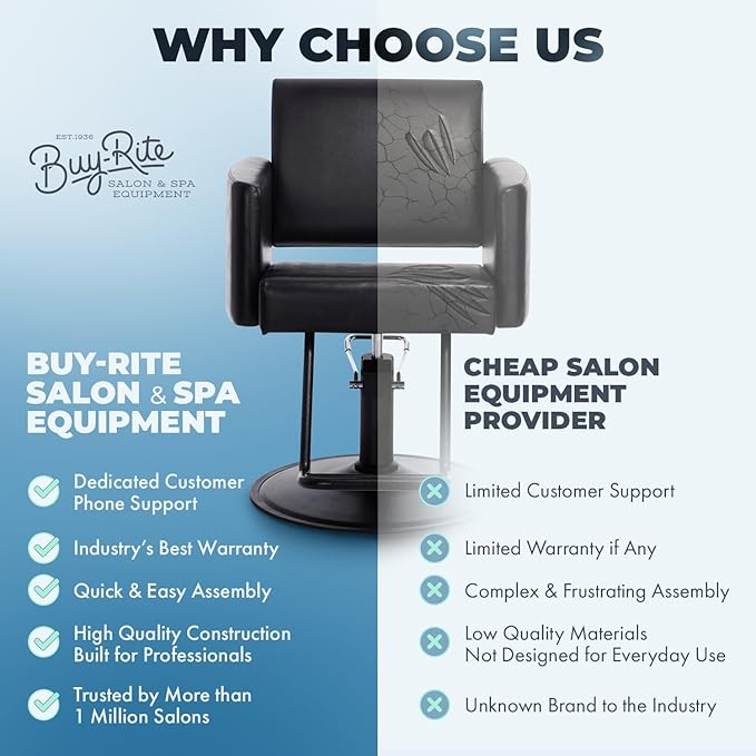 Buy-Rite Onyx Salon Styling Chair - Modern Black Hair Stylist Chair with Open Back, Inclined Seat, Rounded Arms, Premium Vinyl Upholstery, Durable Steel Frame & Footrest - NIN-6610