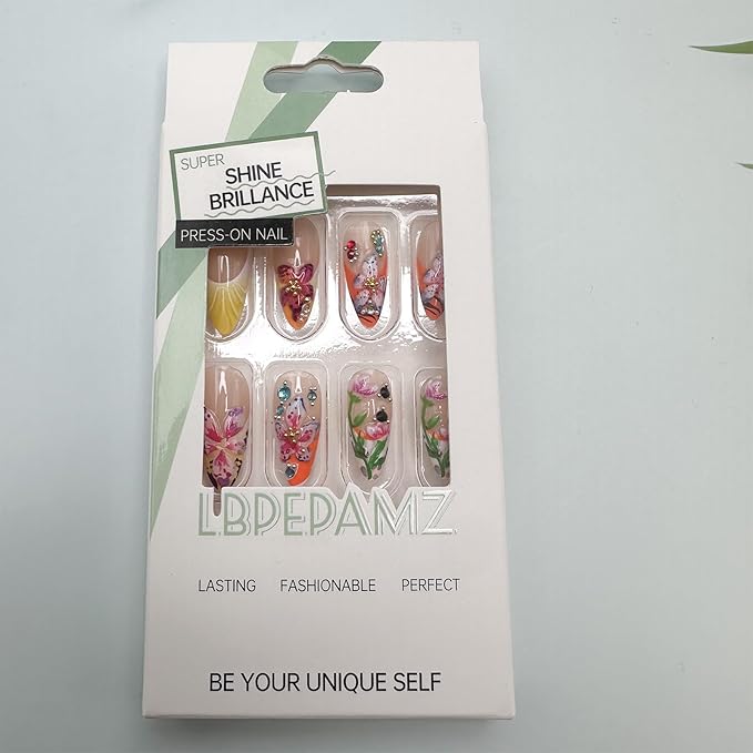 24Pcs Flower Press on Nails Medium Almond Fake Nails with 3D Colorful Spring Floral Butterfly Design Gold Beads Rhinestones Charms False Nails French Tips Glue on Nails for Women Daily Wear