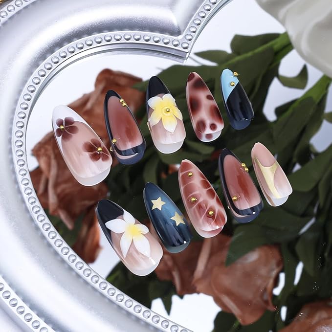 Black French Tip Press on Nails Medium Almond Fake Nails 3D Glitter Gold Beads Design Fall Flower False Nails French Tip Star Acrylic Nails Brown Glossy Glue on Nail for Women Manicure 24Pcs