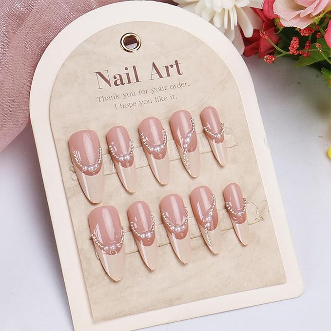 IMRAIN Press on Nails Long Stiletto Fake Nails Pearl French Tips False Nails Glossy Full Cover Glue on Artificial Nails for Women Girls 24Pcs