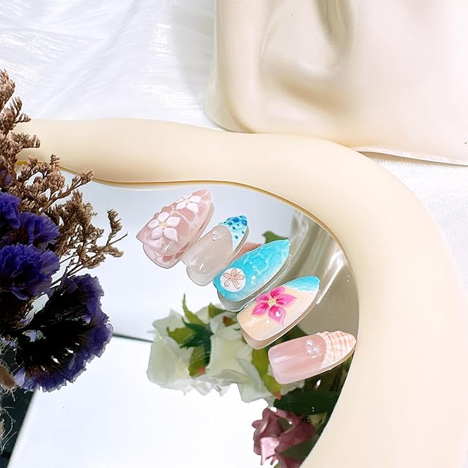 30pcs Flower Press on Nails Medium Almond Fake Nails with 3D Summer Flowers Shell Pearl Designs Blue French Tip False Nails Floral Acrylic Nail Tips Full Cover Stick on Nails for Women