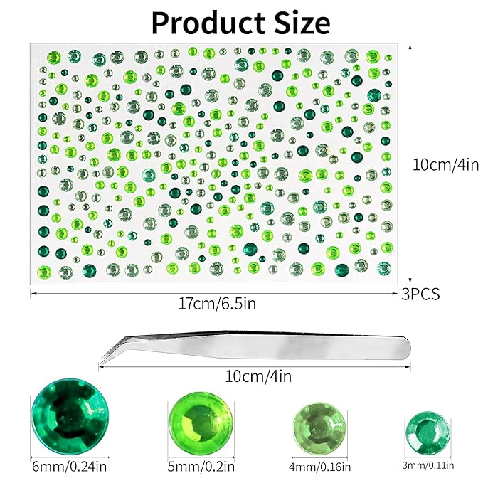 975Pcs Face Gems Hair Gems, Self-Adhesive Face Jewels Eye Jewels Rhinestones 3/4/5/6 mm DIY Face Gems Stick on, Hair Body Rhinestones Gems Crystals Pearls for Face Makeup, Crafts (gem_mixedgreen)