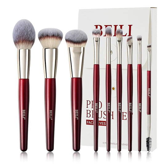 BEILI Makeup Brushes 9Pcs Makeup Brushes Set Premium Synthetic Foundation Concealers Blush Eyeshadow Eyeliner Powder Highlighter Blending Face Brush Set(Red)