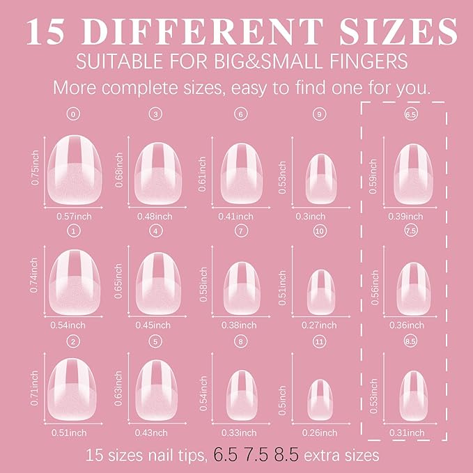 Short Oval Round Nail Tips, SSWSBYKE 300pcs Gel Acrylic Nail Tips for Full Cover Pre-Shaped Fake Nails Tips Half Matte Press On Nails for Extension Home DIY Salon 15 Sizes