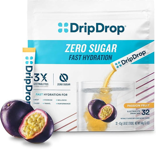 DripDrop Sugar Free Hydration Packets - Zero Passion Fruit - Single Serve Electrolytes Powder Drink Mix - Non-GMO, Gluten Free, Vegan - 32 Sticks