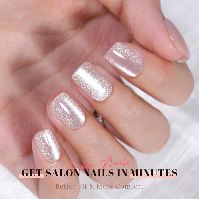 Cat Eye Press on Nails Short, Jofay Fashion Soft Gel Fake Nails, Elegant Nude Press on Nails, Reusable & Natural Acrylic False Nails, Stick on Nails for Women Girls Gift, Glue on Nails Kit 32 Pcs