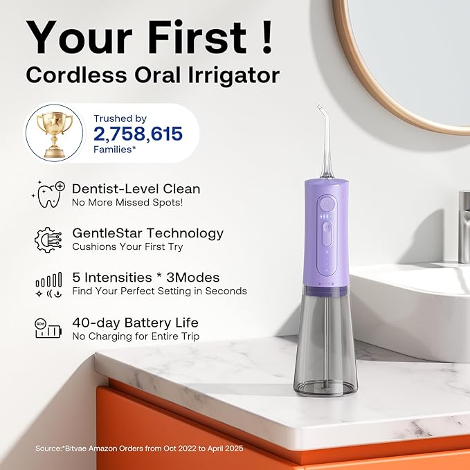 Bitvae Water Dental Flosser Teeth Pick, Portable Water Teeth Cleaner Picks, IPX7 Waterproof Oral Irrigator, 3 Modes 5 Intensities, USB Rechargeable Water Dental Picks for Cleaning - Lavender