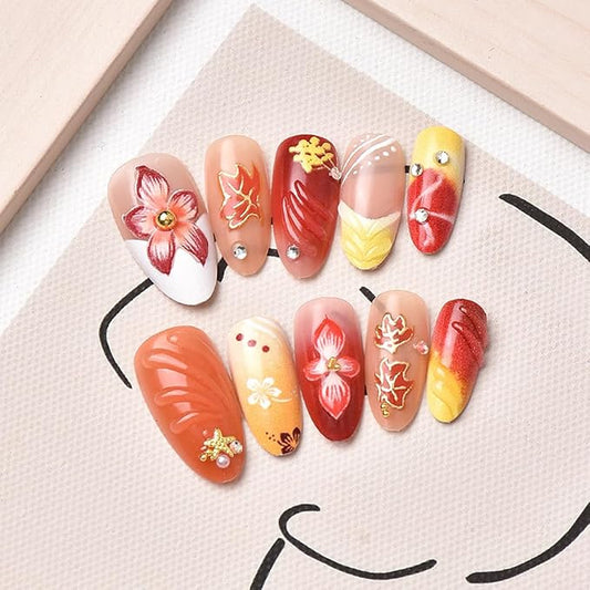 30Pcs Fall Press on Nails Almond Medium Fake Nails with Pearl Design Autumn Winter False Nail 3D Flower Red Maple Leaf Acrylic Glue on Nails Star Charms Full Cover Thanksgiving Nail Art Decorations